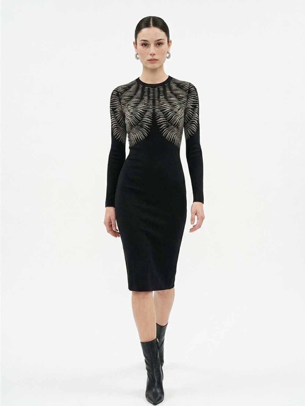 Isabel de Pedro Black Long-Sleeve Knit Dress with Silver Patterned Yoke